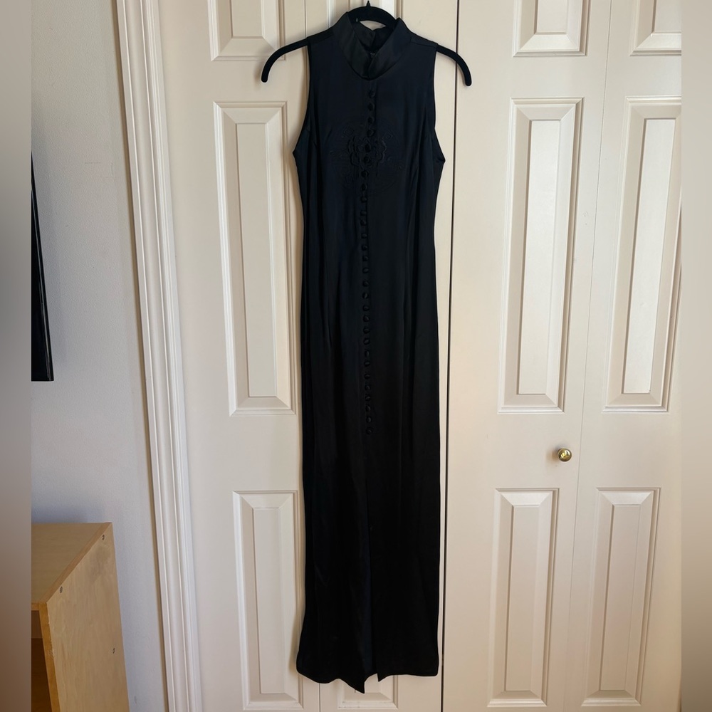 Vintage L.A. Glo Black Satin Button Front Mandarin Collar Long Dress XS